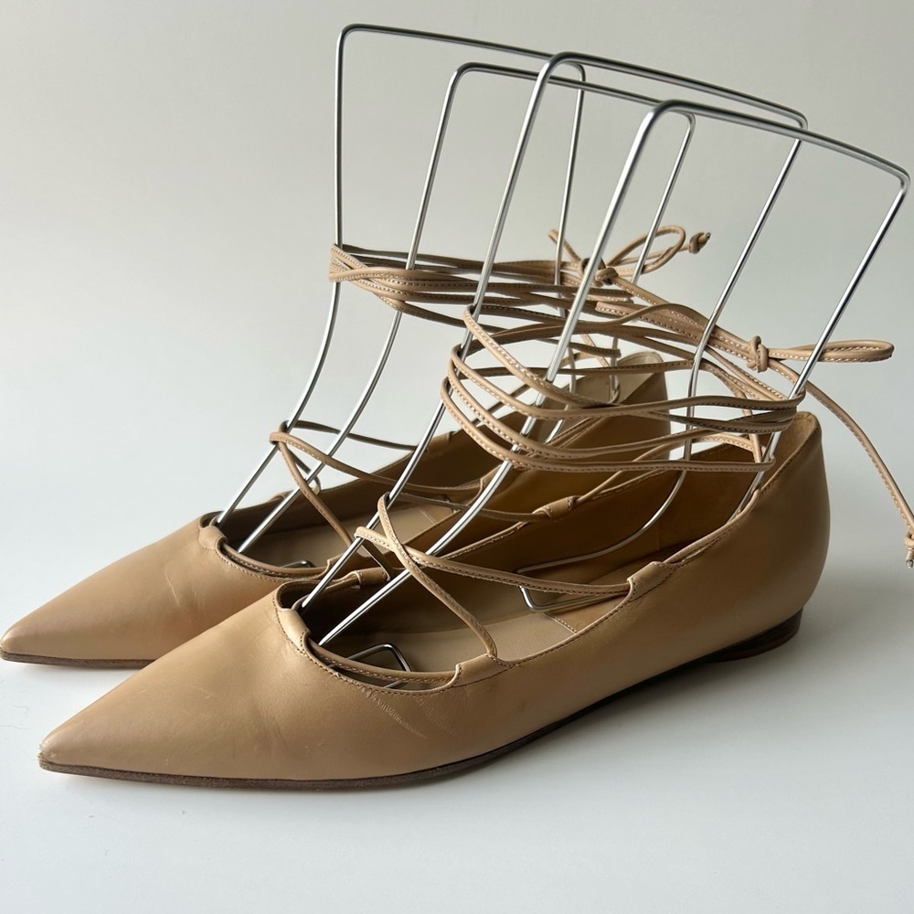 Michael Kors Lace Up Flats Womens Beige Leather Pointed Toe Ankle Tie 38.5